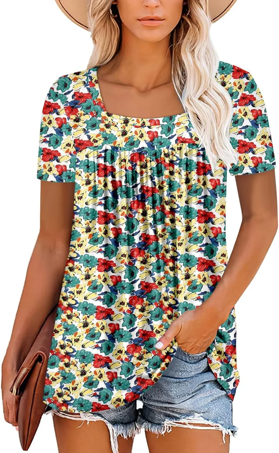 ZOLUCKY Womens Plus Size Short Sleeve Boho Tops Trendy Shirts Loose Fit Blouse Summer Tunic Top for Women S-3XL