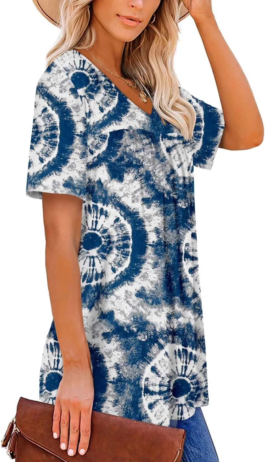 ZOLUCKY Womens Plus Size Short Sleeve Boho Tops Trendy Shirts Loose Fit Blouse Summer Tunic Top for Women S-3XL